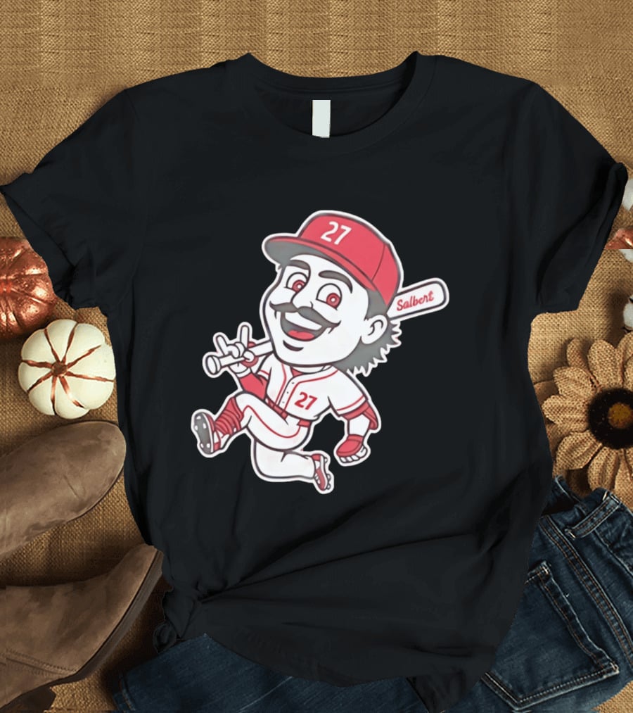 Cincinnati Reds Sal Stewart Number 27 Cartoon Player With Salbert Bat T-Shirt