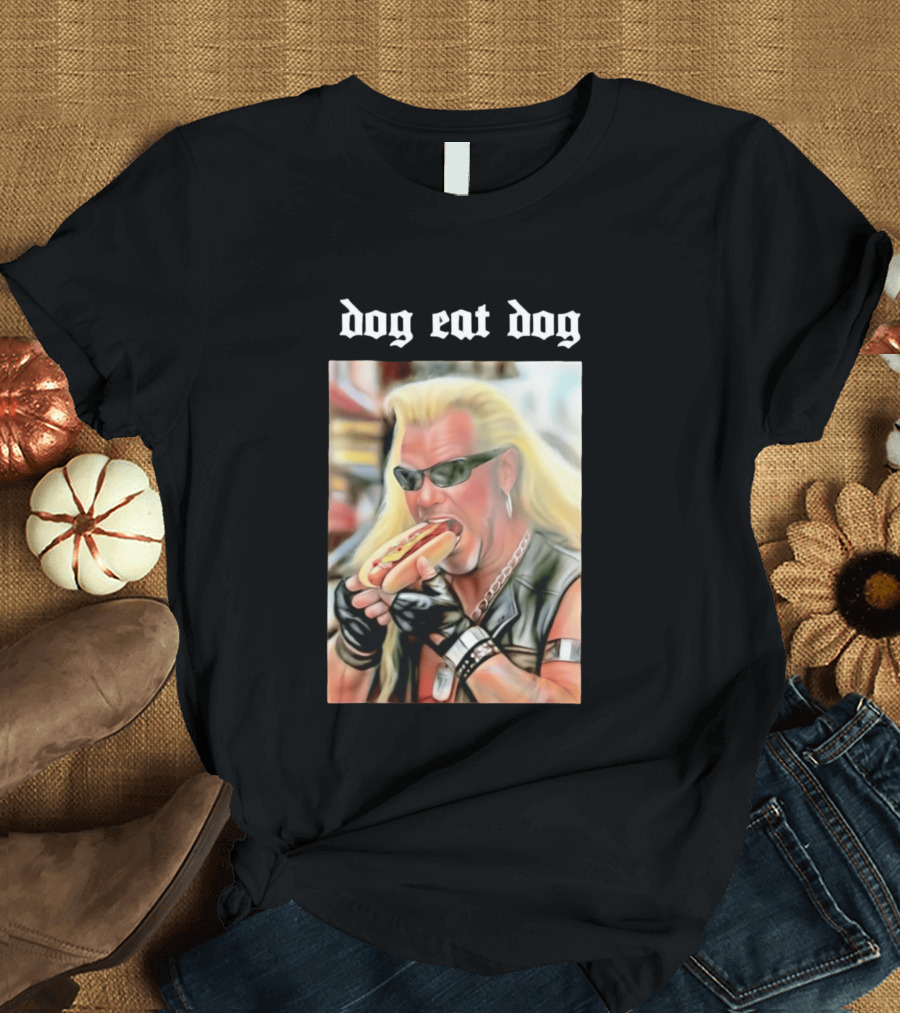 Dog Eat Dog Man Eating Hot Dog Sunglasses Blonde Long Hair T-Shirt