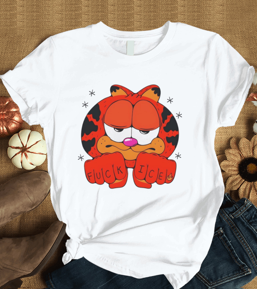 Orange Cat Garfield Meme Fuck Ice Hand Tattoos T-Shirt