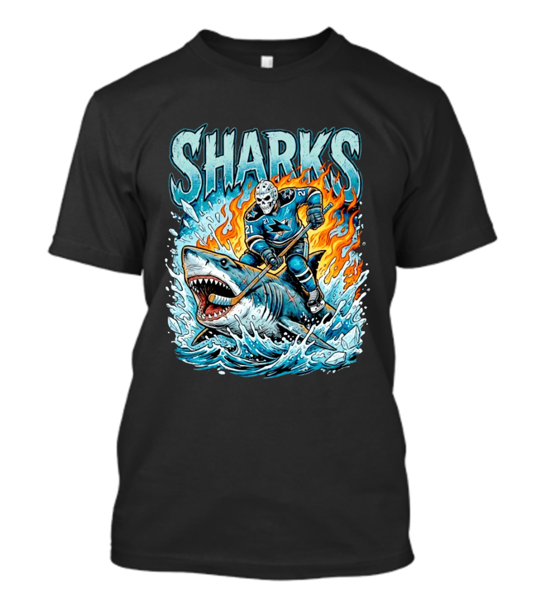 San Jose Sharks Hockey Player Riding Shark With Flames And Ice T-Shirt