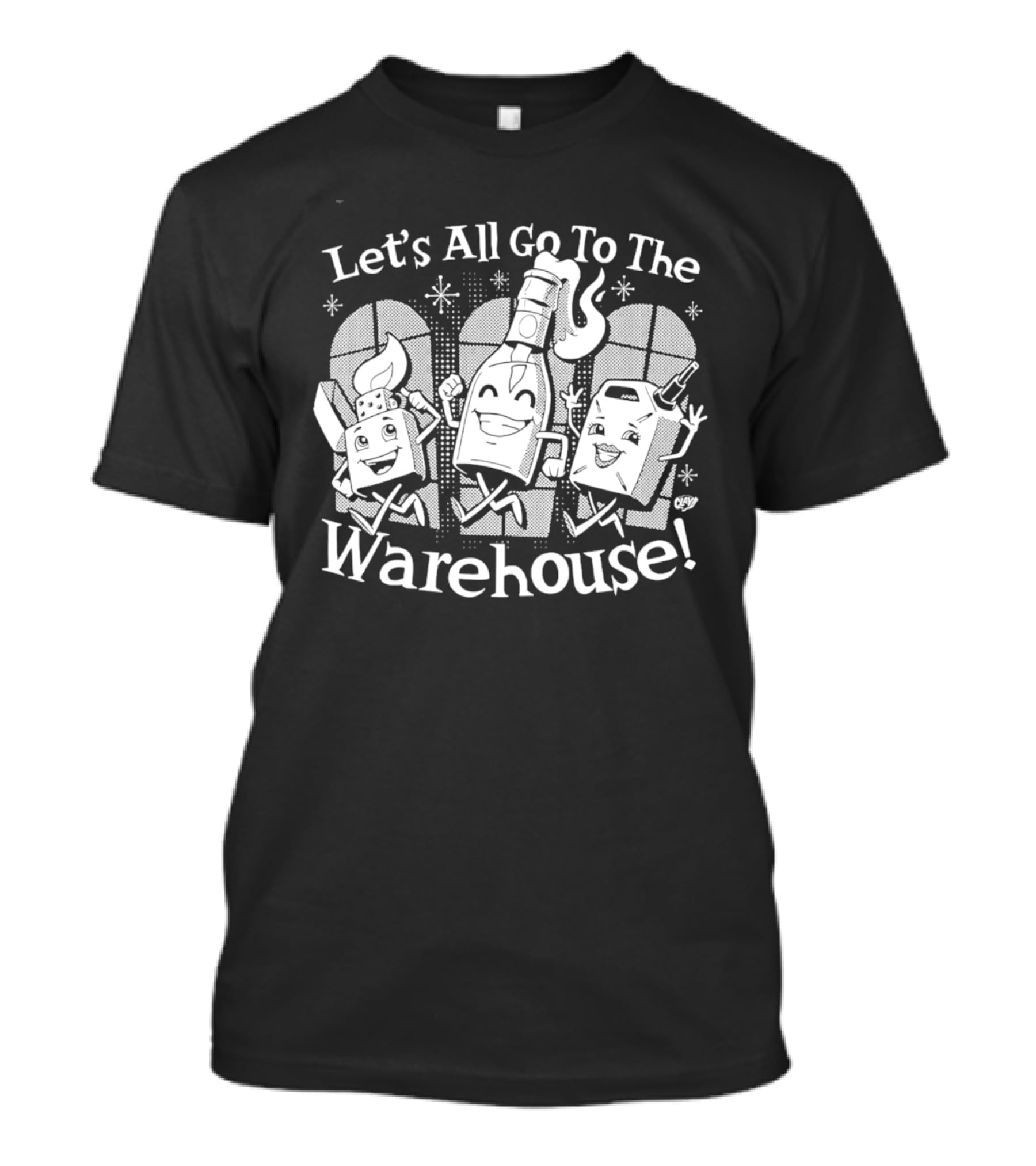 Let's All Go To The Warehouse Cartoon Characters With Drinks T-Shirt