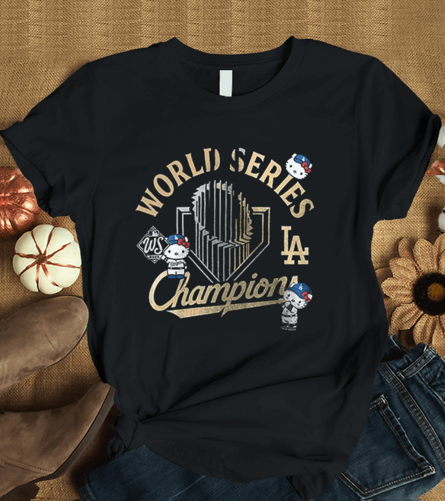 Los Angeles Dodgers World Series Champions Yoshinobu Yamamoto X Hello Kitty Golden Trophy T-Shirt