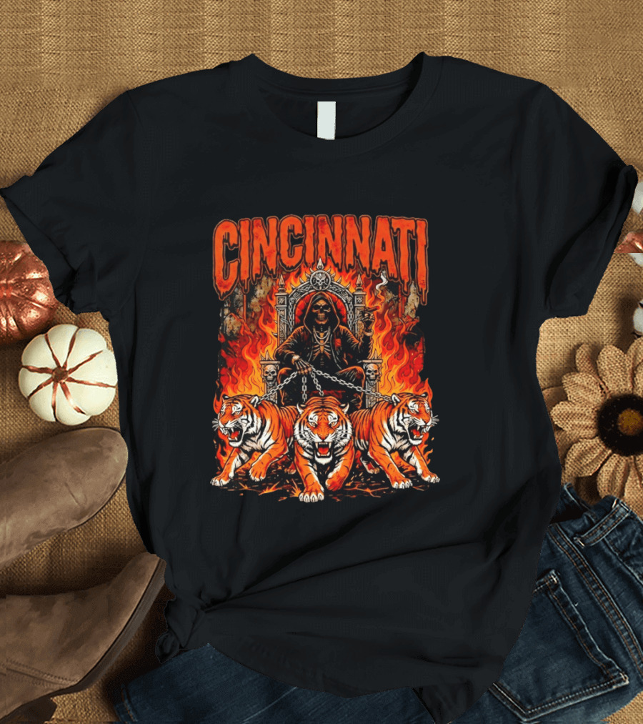 Cincinnati Skull Tiger Throne Fire Chains T-Shirt