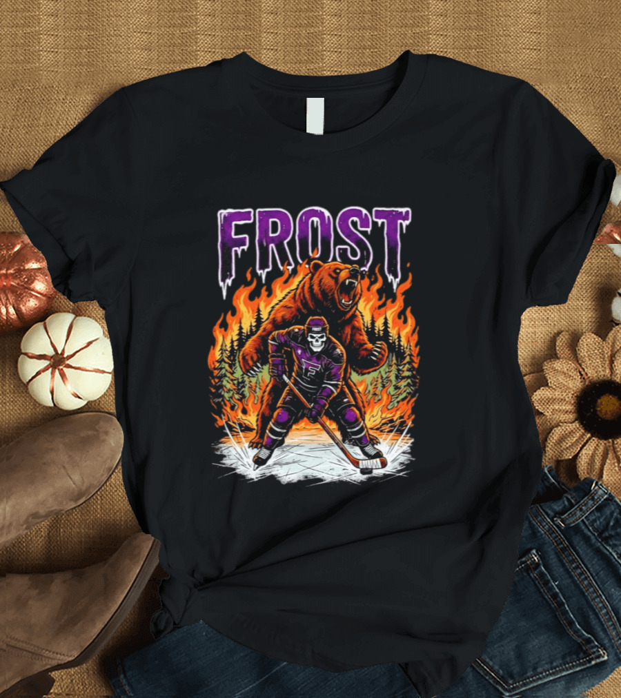 Frost Minnesota Hockey Skull Bear Flames Ice Rink T-Shirt