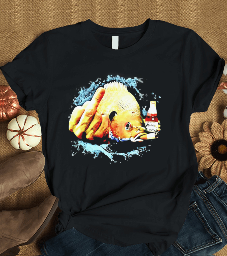 Modelo Beer Fish Smoking Cigarette Middle Finger T-Shirt