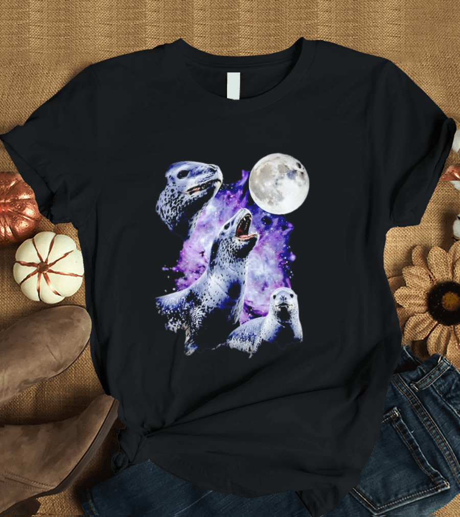 Three Leopard Seals Under Moonlight With Starry Purple Night Sky T-Shirt