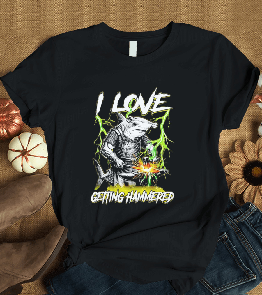 I Love Getting Hammered Hammerhead Shark Lightning Blacksmith Hammering T-Shirt
