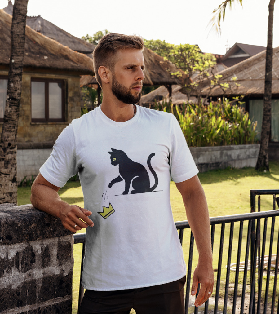 Cat Knocking Crown Anti King Humor Black Cat Yellow Eyes T-Shirt