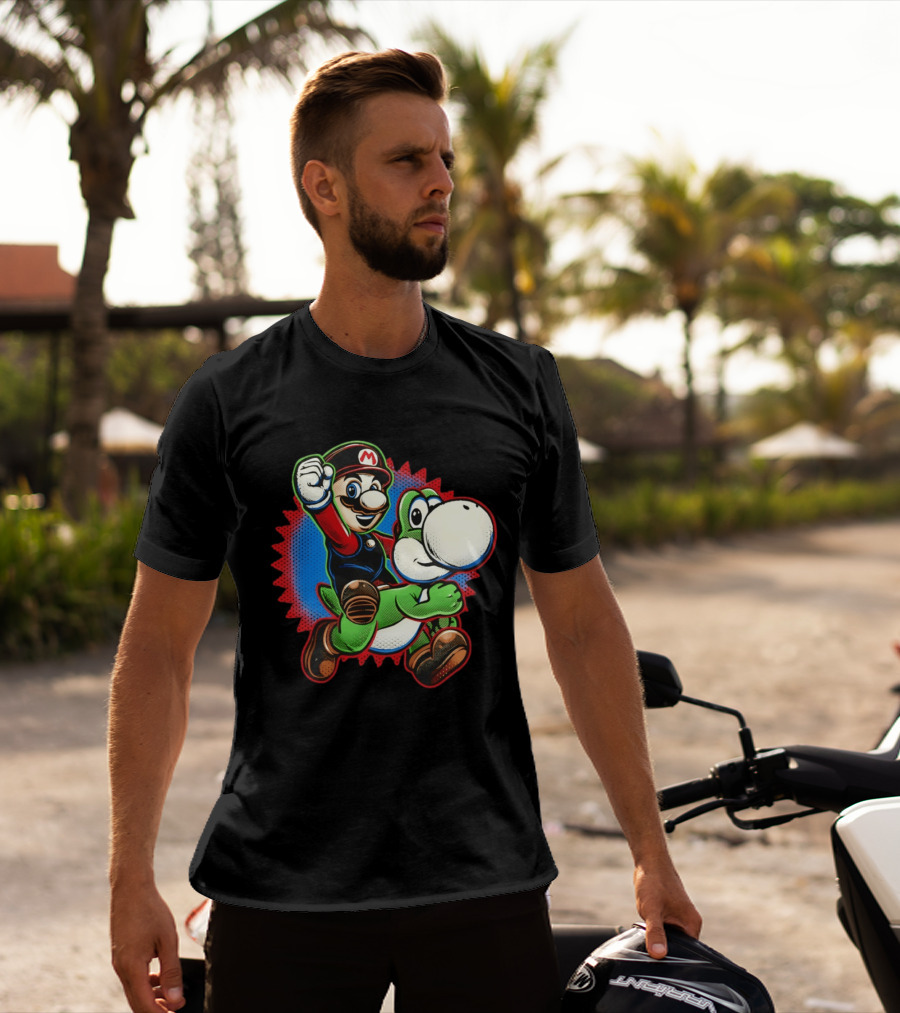 Mario And Yoshi Ride The Green Dino Classic Cartoon Adventure T-Shirt