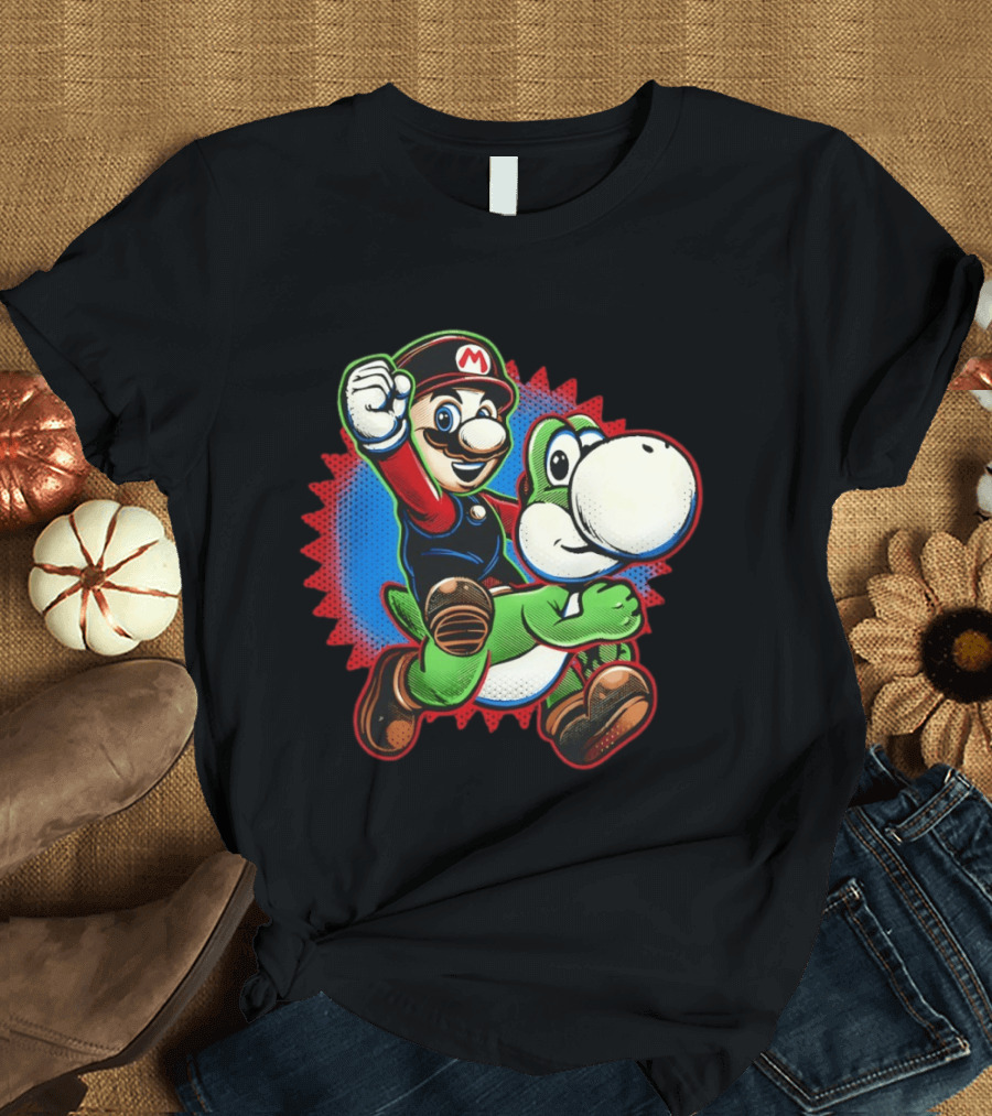 Mario And Yoshi Ride The Green Dino Classic Cartoon Adventure T-Shirt