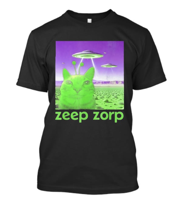 Zeep Zorp Green Cat Alien With UFOs In Space Desert Scenery T-Shirt
