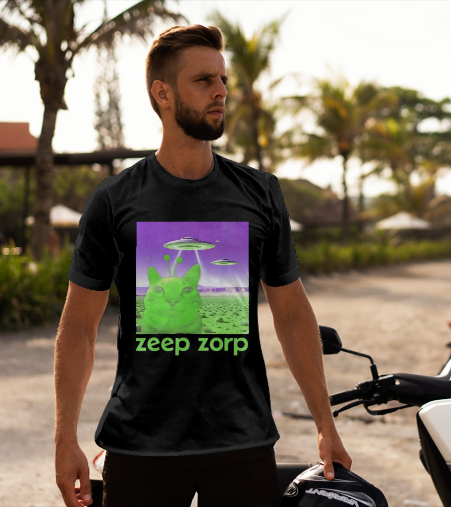 Zeep Zorp Green Cat Alien With UFOs In Space Desert Scenery T-Shirt