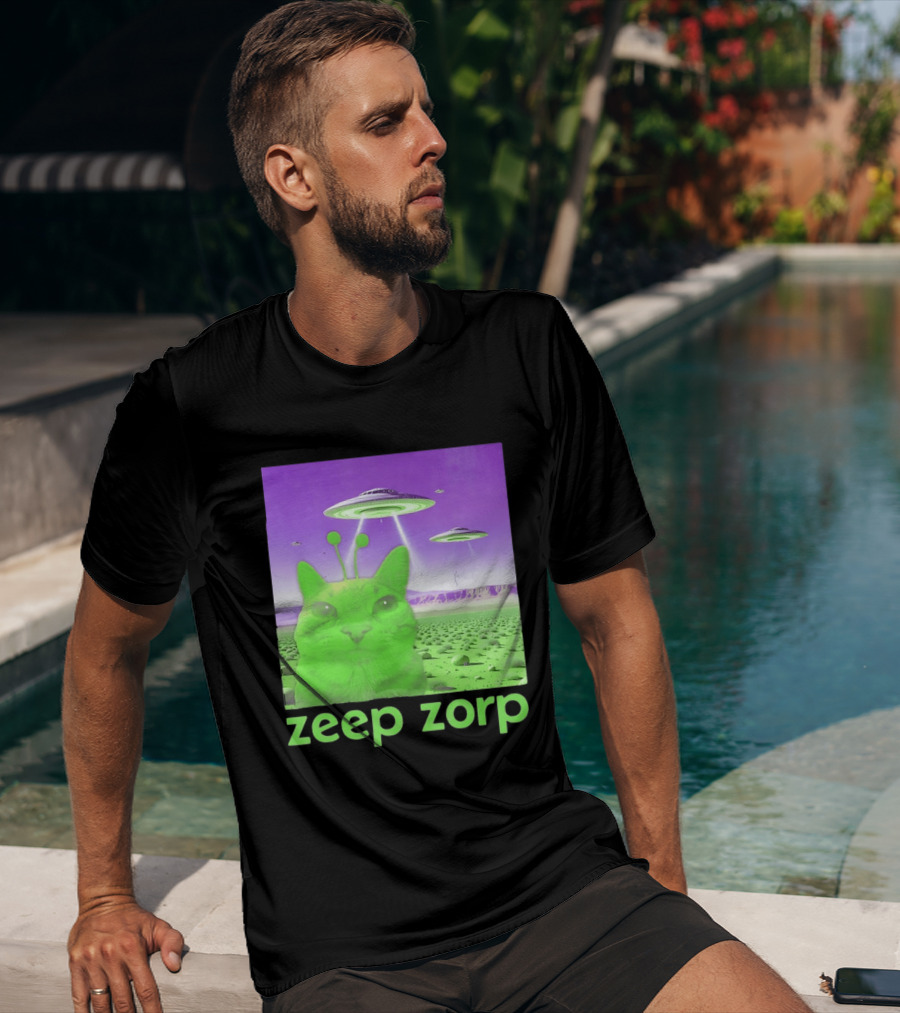 Zeep Zorp Green Cat Alien With UFOs In Space Desert Scenery T-Shirt