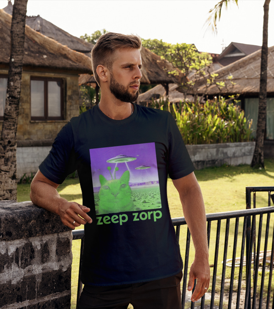 Zeep Zorp Green Cat Alien With UFOs In Space Desert Scenery T-Shirt