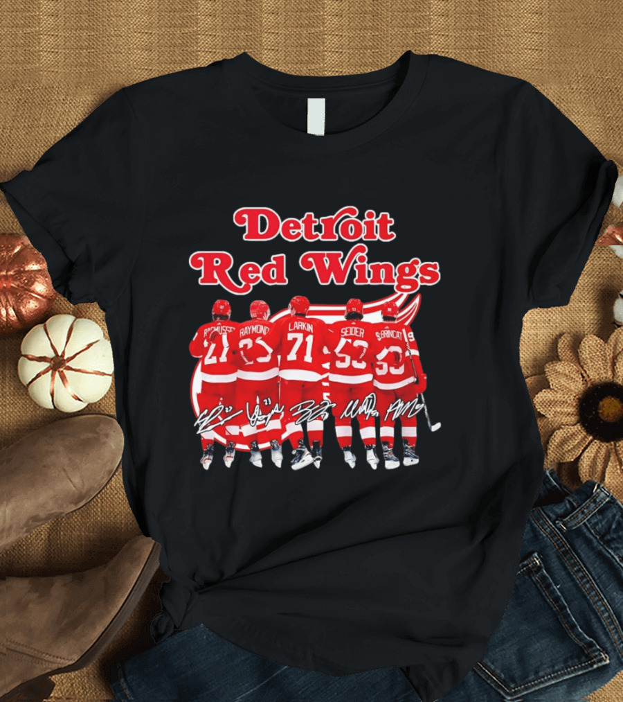 Detroit Red Wings Players Rasmussen Raymond Larkin Seider Branncat Celebrating Victory NHL 2026 Signatures T-Shirt