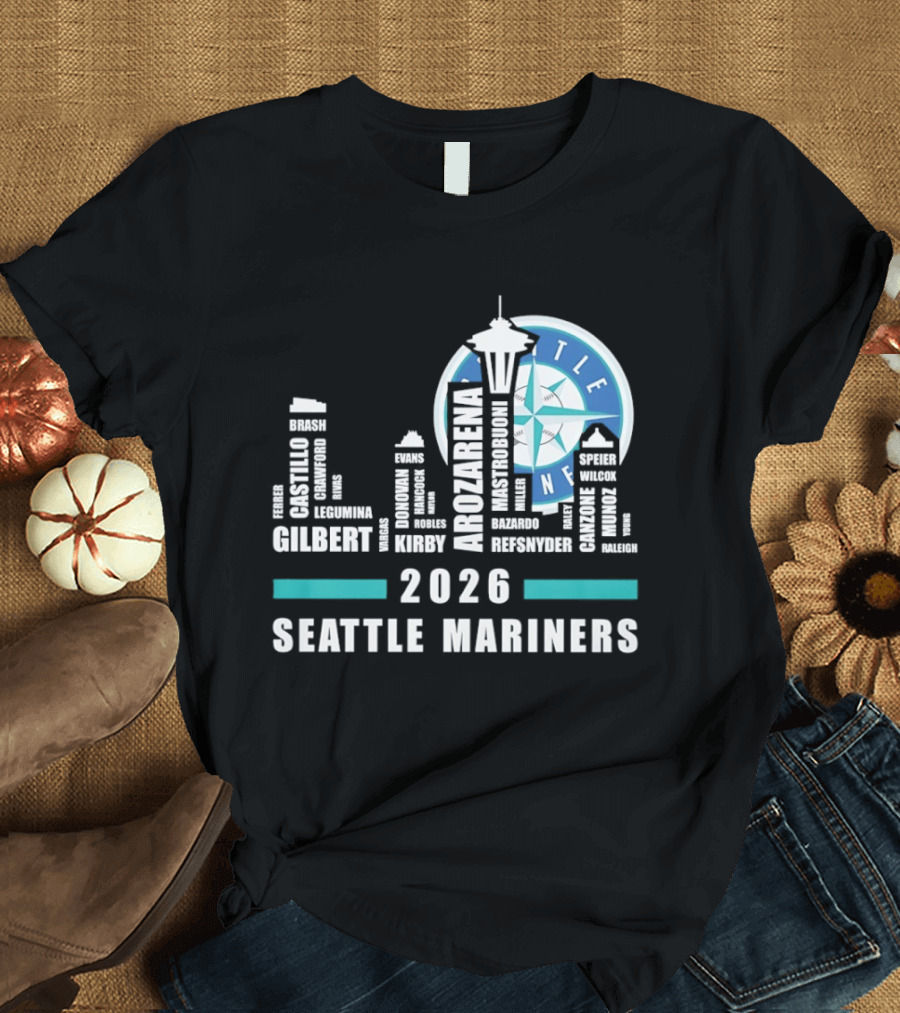 2026 Seattle Mariners City Connect Skyline With Player Names And Space Needle T-Shirt