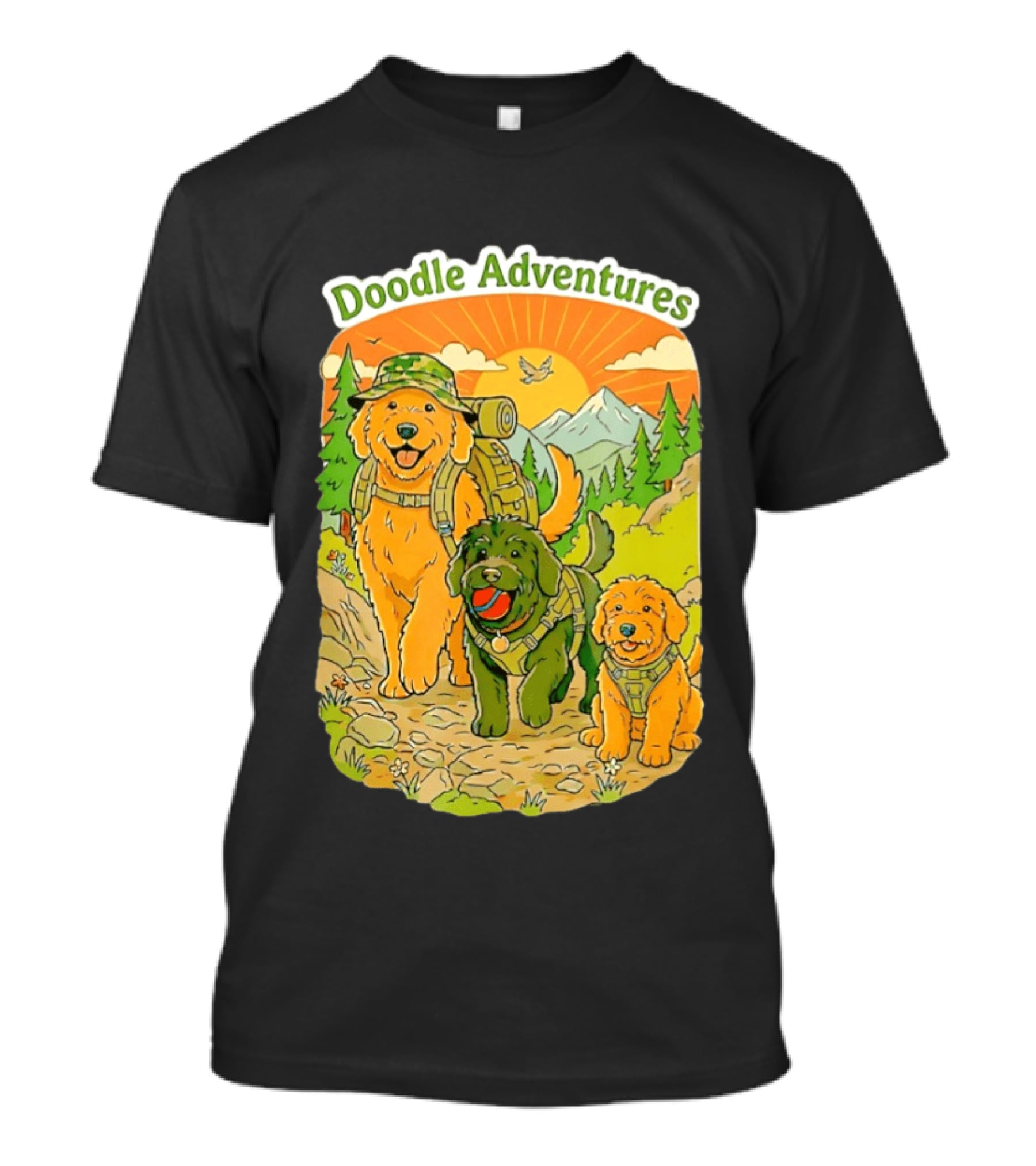 Doodle Adventures Three Dogs Picnic Adventure Sunset T-Shirt