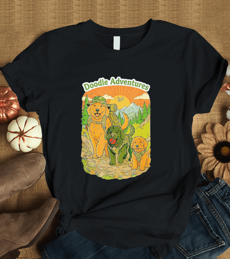 Doodle Adventures Three Dogs Picnic Adventure Sunset T-Shirt