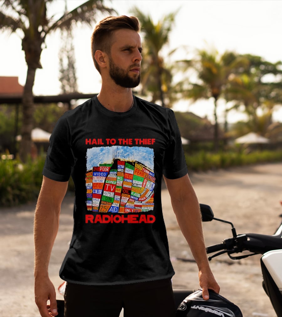 Radiohead Hail To The Thief Album Cover Colorful Text Collage 24HR TV 25 Aid T-Shirt