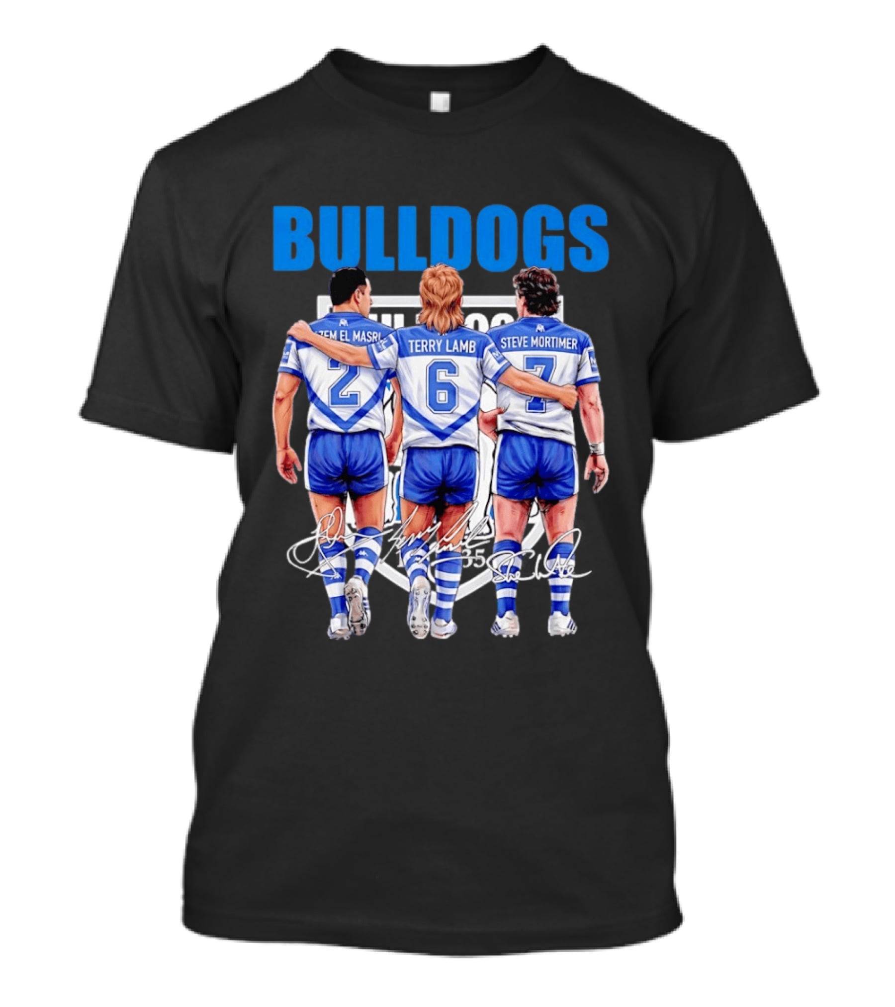 Hazem El Masri Terry Lamb Steve Mortimer Canterbury Bankstown Bulldogs Legends Signatures T-Shirt