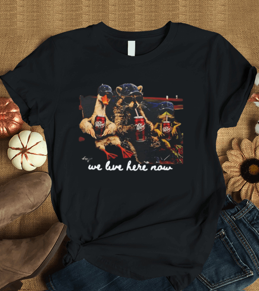 We Live Here Now Goose Raccoon Dr Pepper Meme T-Shirt