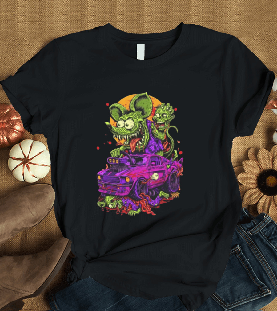 Rat Fink Vs Zombies Classic Monster Car Battle Vintage Horror T-Shirt