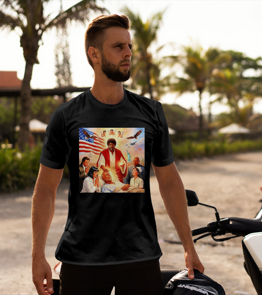 Samuel L. Jackson Exorcism Scene With Bruce Willis And US Patriotic Elements Meme T-Shirt