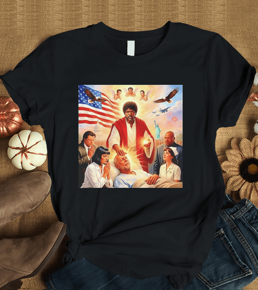 Samuel L. Jackson Exorcism Scene With Bruce Willis And US Patriotic Elements Meme T-Shirt