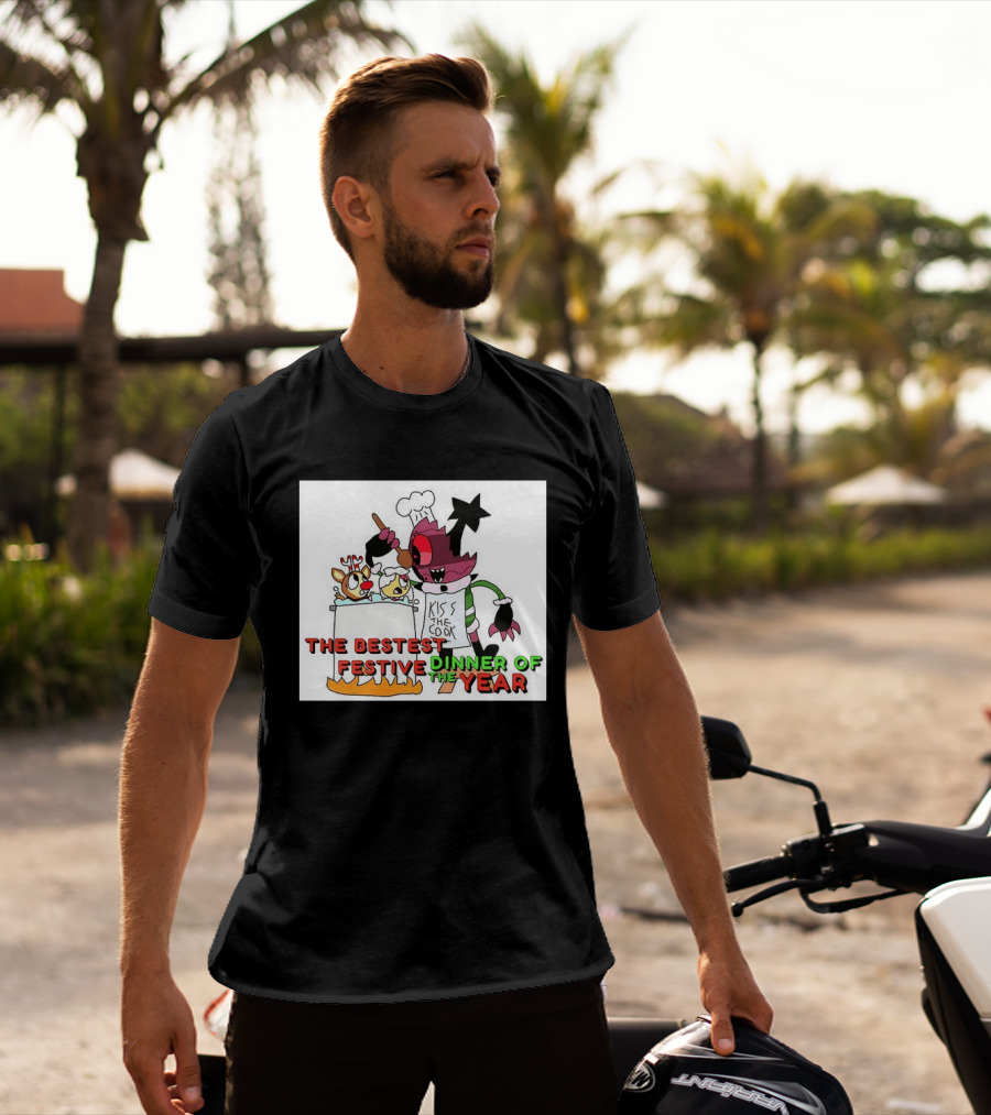 The Bestest Festive Dinner Of The Year Kiss The Cook Chef Monster Reindeer Cooking T-Shirt