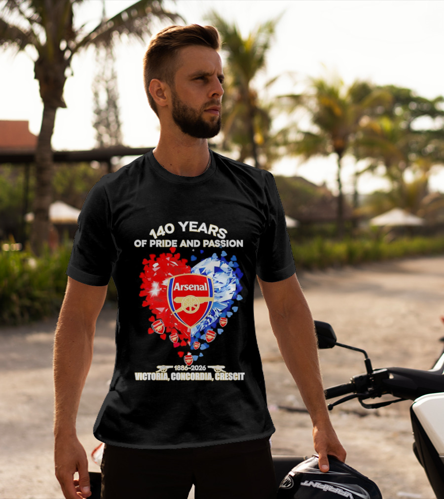 Arsenal 140 Years Of Pride And Passion Victoria Concordia Crescit 1886 2026 Heart Badge Crest T-Shirt