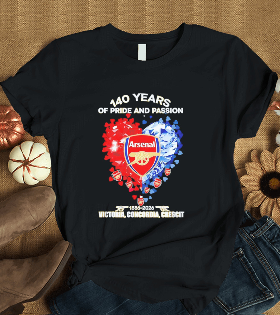 Arsenal 140 Years Of Pride And Passion Victoria Concordia Crescit 1886 2026 Heart Badge Crest T-Shirt