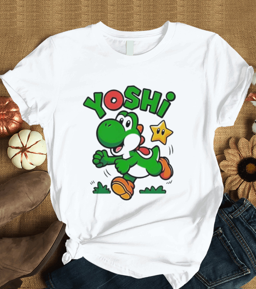 Yoshi Super Mario Green Dinosaur Running With Star T-Shirt