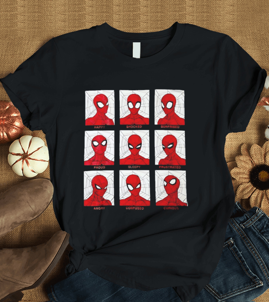 Spider Man Emotional States Happy Shocked Surprised Proud Sleepy Frustrated Angry Confused Curious T-Shirt