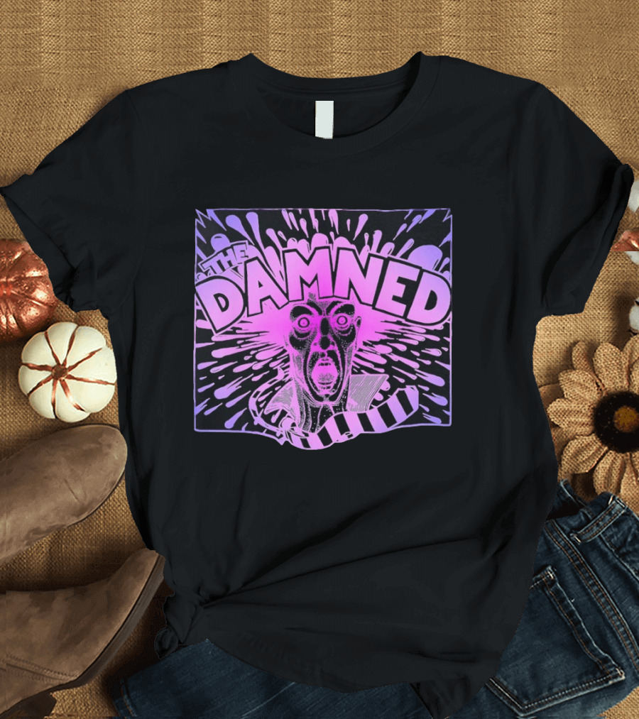 THE DAMNED Horror Face Neon Splatter Purple Black T-Shirt