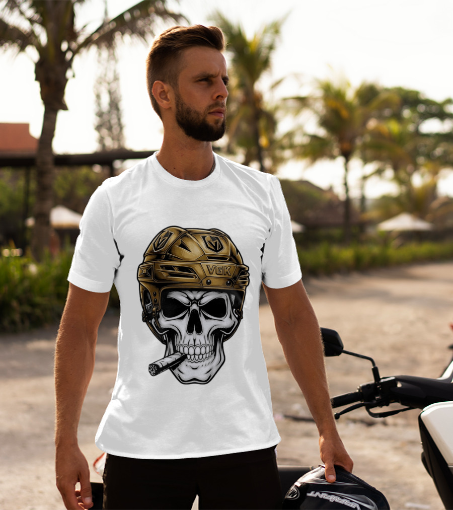 VGK Skull Helmet Vegas Golden Knights Smoking Cigar T-Shirt