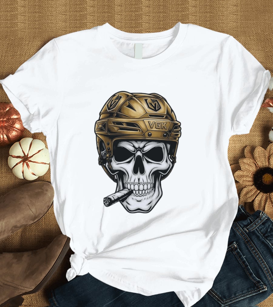 VGK Skull Helmet Vegas Golden Knights Smoking Cigar T-Shirt