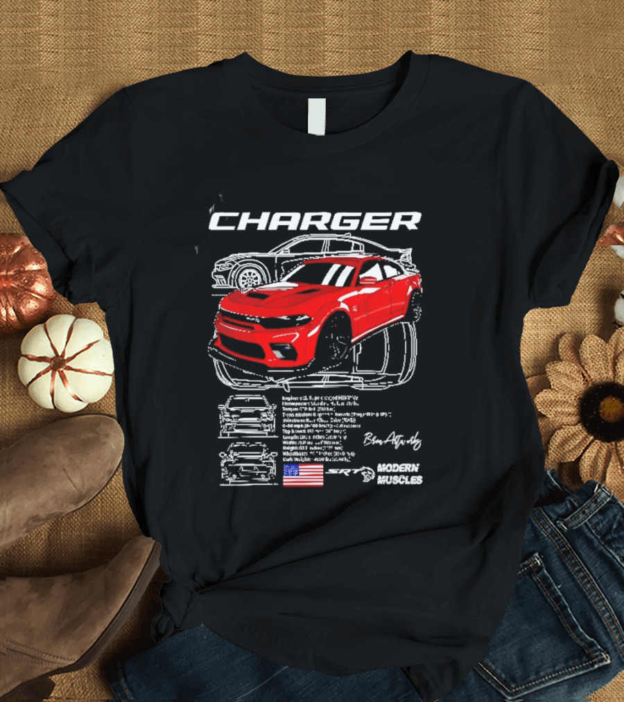 Dodge Charger Hellcat Red Modern Muscles Blueprint USA Flag T-Shirt