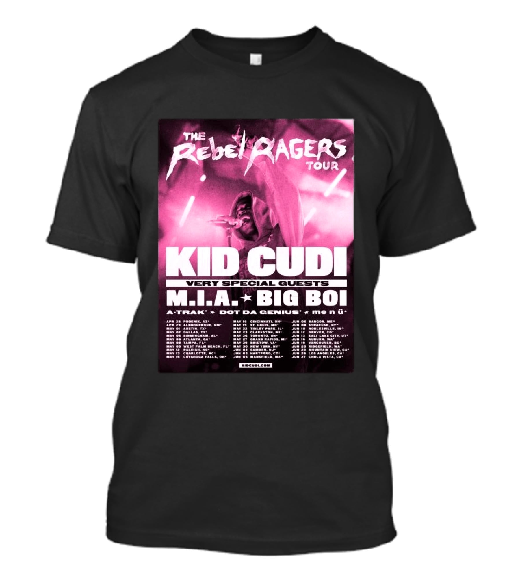 The Rebel Ragers Tour Kid Cudi 2026 Featuring M.I.A. Big Boi A Trak Dot Da Genius Tour Dates T-Shirt