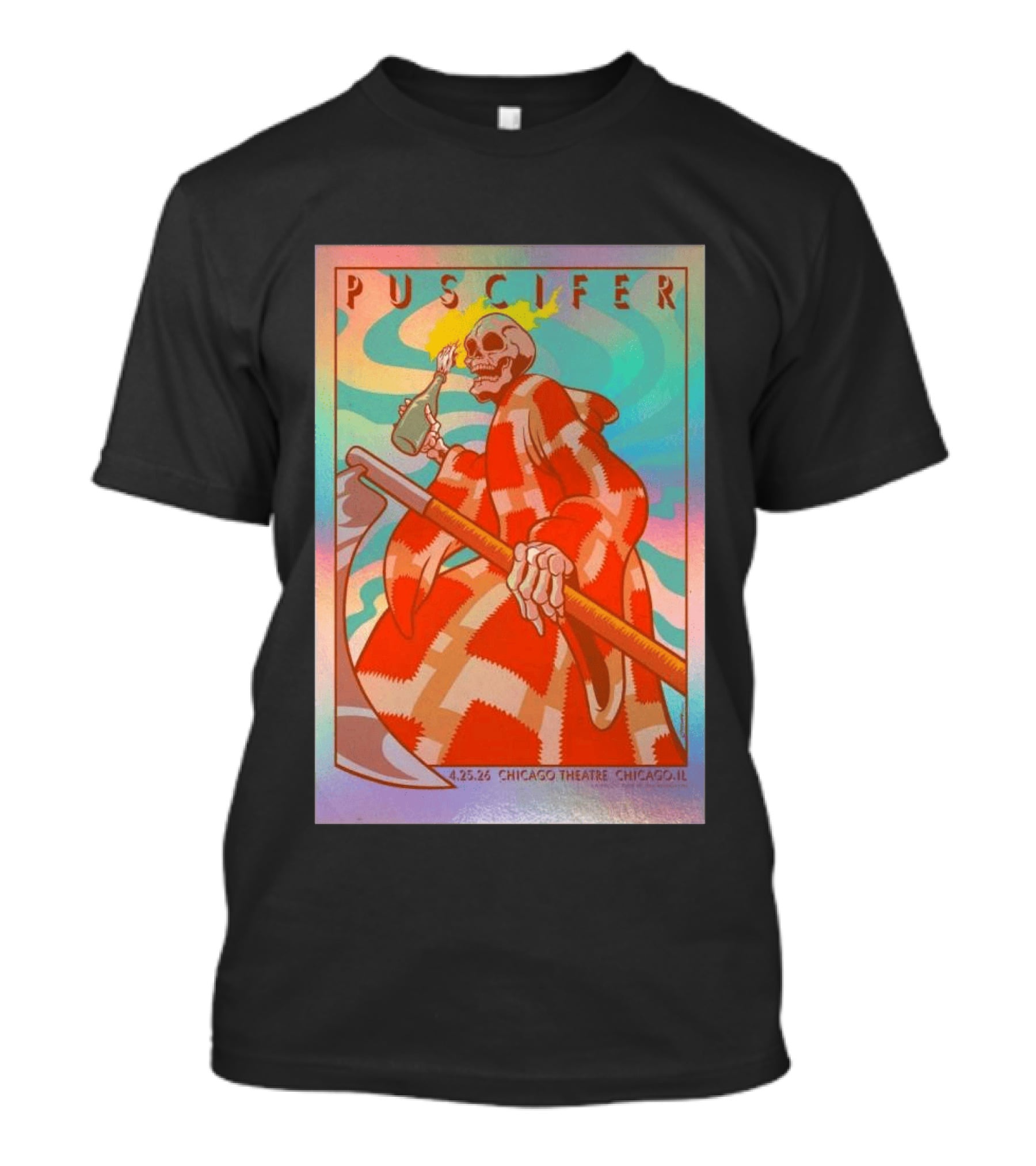 Puscifer 4.25.26 Chicago Theatre IL Skeleton Robe Checkerboard Psychedelic T-Shirt
