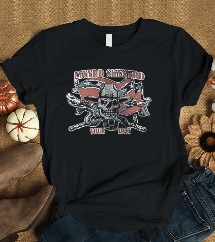 Lynyrd Skynyrd Tour 1987 Skeleton Cowboy USA Rebel Flag T-Shirt