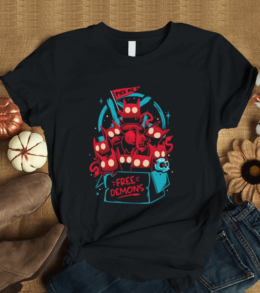 Free Demons Box Pick Me Red Monsters Cute Cartoon T-Shirt