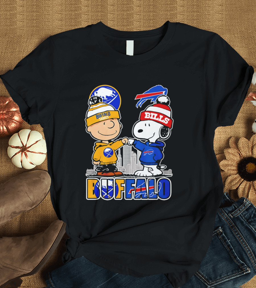 Buffalo Sabres Bills Snoopy City Skyline Collaboration With Charlie Brown T-Shirt
