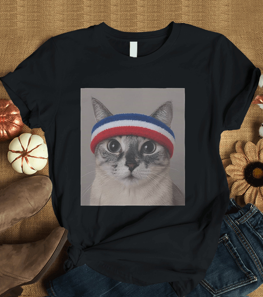 Cat Wearing Red White Blue Terry Headband T-Shirt