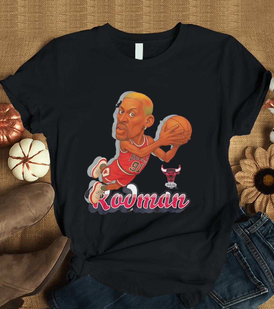 Dennis Rodman Chicago Bulls 91 Fickett Classics Windy City Cartoon T-Shirt