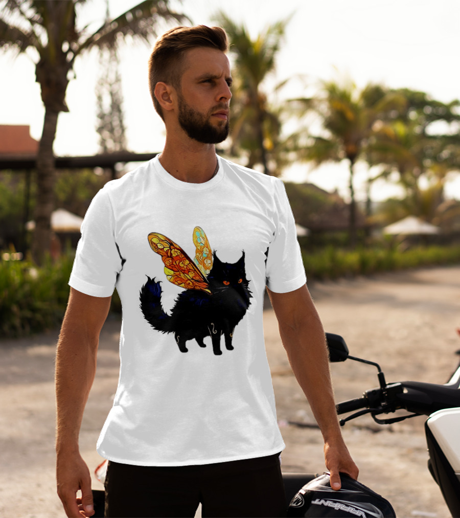 Black Cat With Colorful Fairy Wings Fantastical T-Shirt