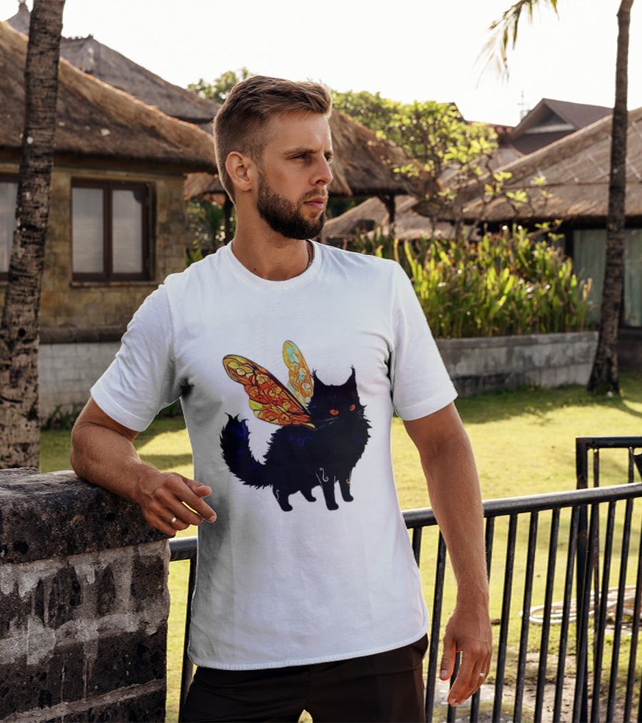 Black Cat With Colorful Fairy Wings Fantastical T-Shirt