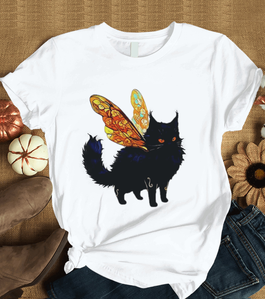 Black Cat With Colorful Fairy Wings Fantastical T-Shirt