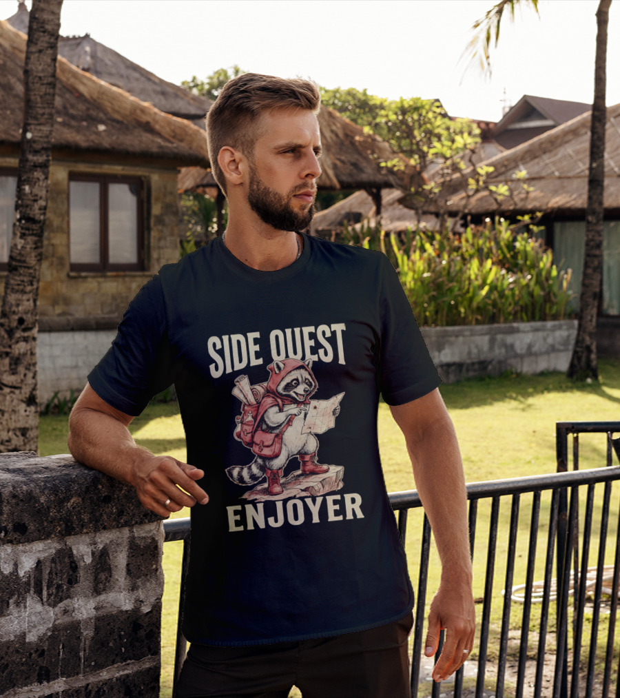 Side Quest Enjoyer Adventurer Raccoon With Map And Backpack T-Shirt