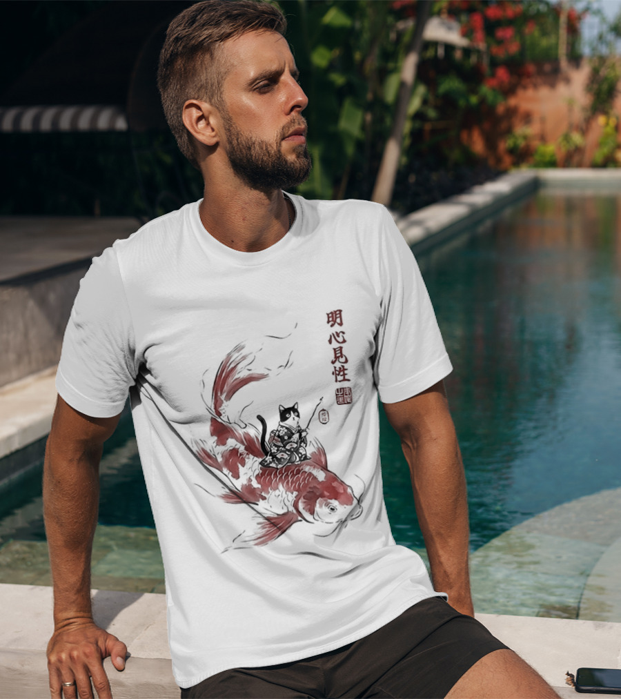 Kimono Cat Riding Koi Fish Classical Japanese T-Shirt