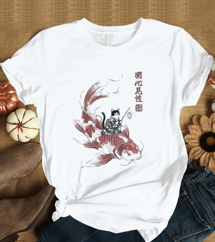 Kimono Cat Riding Koi Fish Classical Japanese T-Shirt